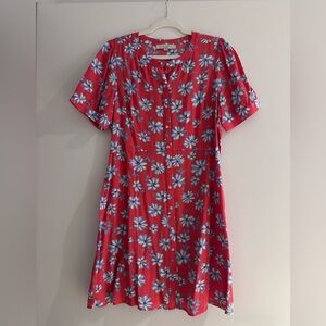 LOFT Lightweight, casual, coral dress with blue floral pattern.